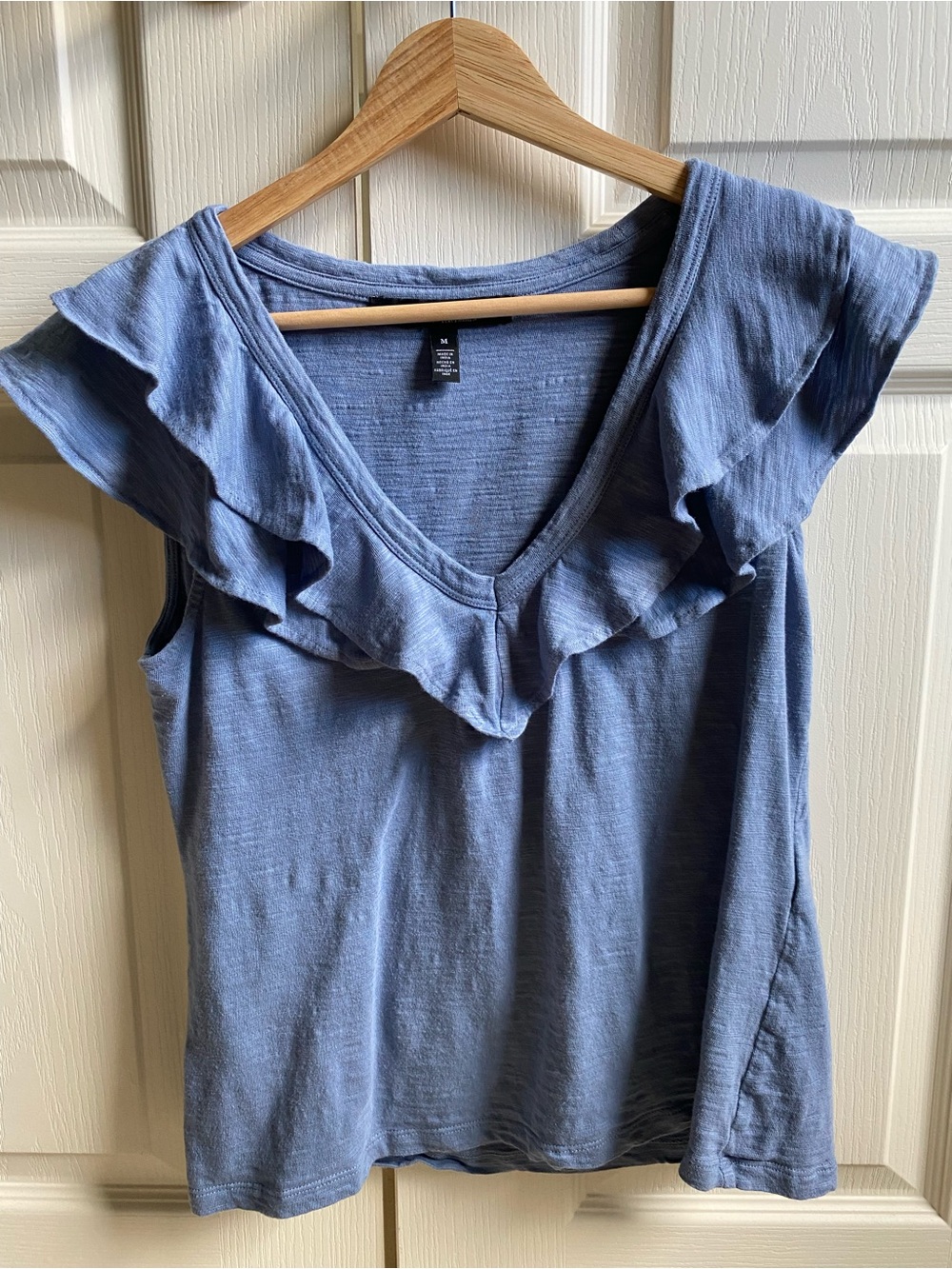 White House Black Market Women's Ruffle V-Neck Top in Light Blue